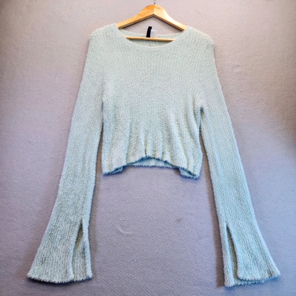 H&M Divided Fuzzy Eyelash Knit Cropped Sweater Mint Green Split Flare Cuff XL - Picture 1 of 12